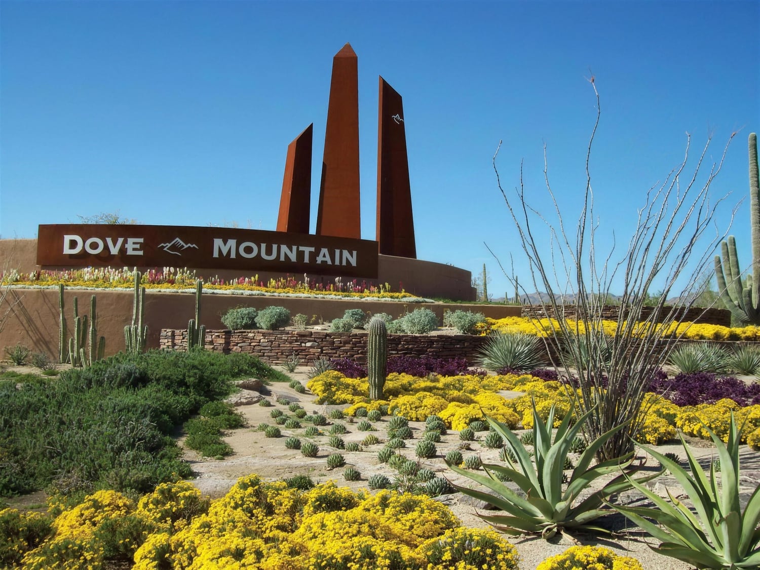 The Dove Mountain entry monument is framed by agave, ocotillo, and seasonal flowers.